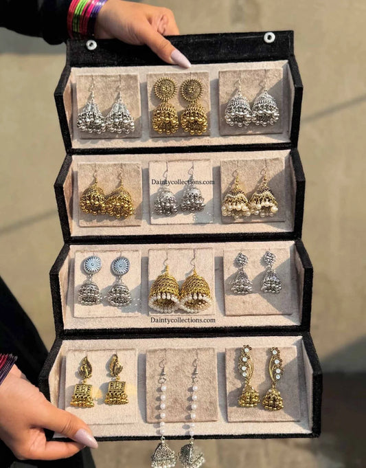 Jhumka gift box – 6 silver & 6 golden antique jhumkas